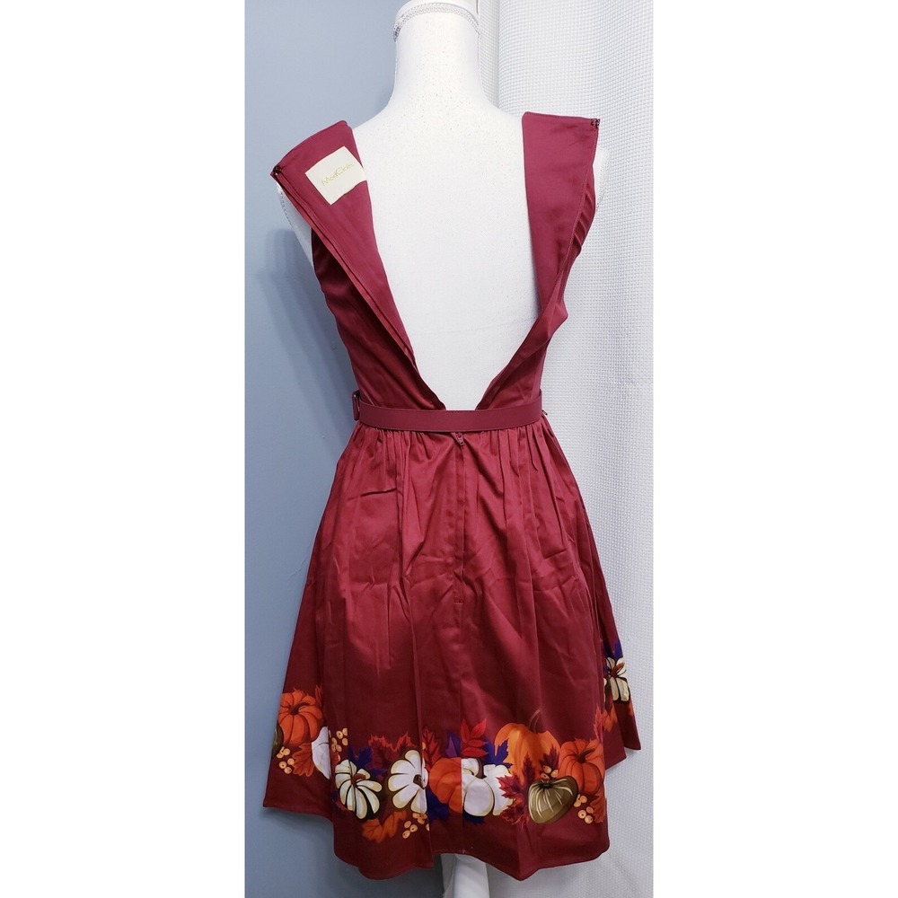 ModCloth Burgundy Pumpkin Print Fit Flare Belted Midi Dress Womans size SMALL - Picture 4 of 7